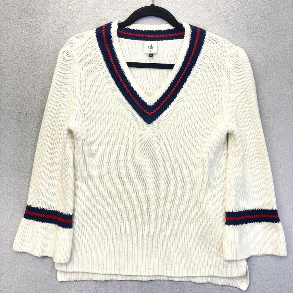 Cabi Ace Pullover Sweater Preppy Womens Small Cream Bell Sleeve #5639 3/4 Sleeve